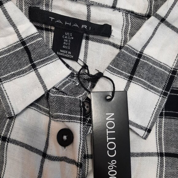 TAHARI Woman's 100% Cotton Black and White Plaid Buttons Up Flannel Dress Shirt - Picture 7 of 8